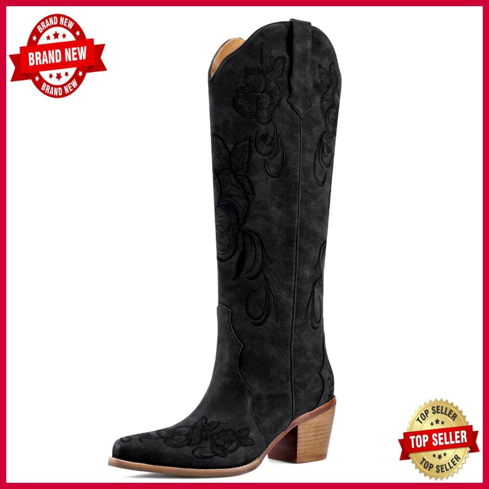Knee High Cowboy Boots Chunky Heel Pointed Toe Floral Embroidered Western Pull